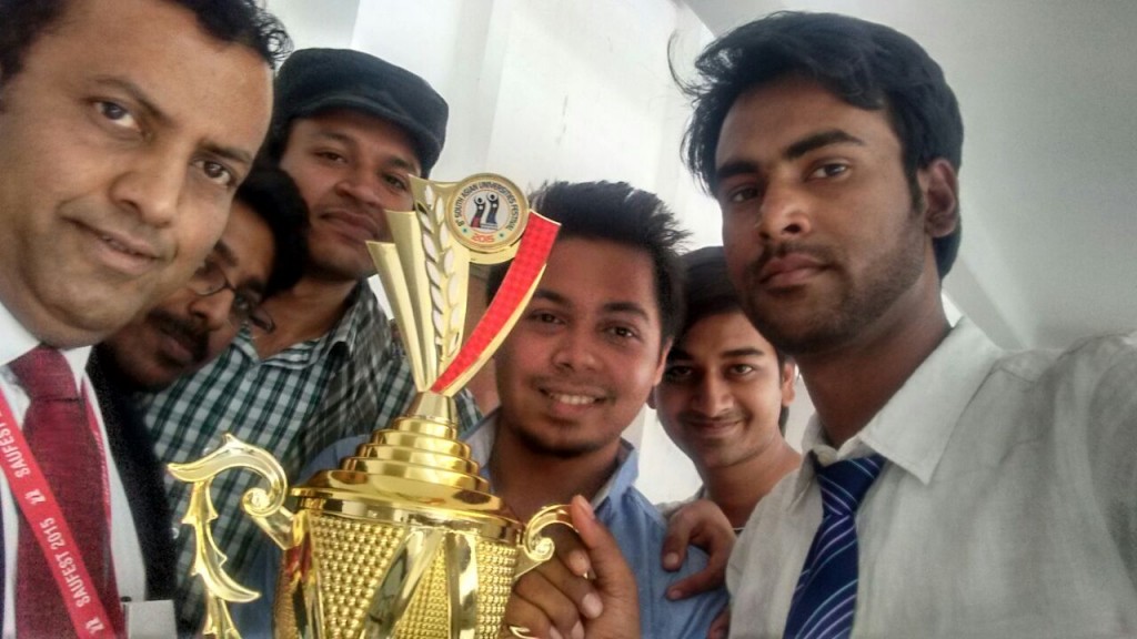 South Asian University Students lifting up the Best Team Goodwill Award at the 8th South Asian Universities festival at Udaipur